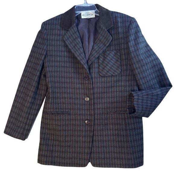 BMoss Heritage Plaid Wool Blazer Womens Sz M Suede Collar Equestrian Ivy League - Picture 2 of 14